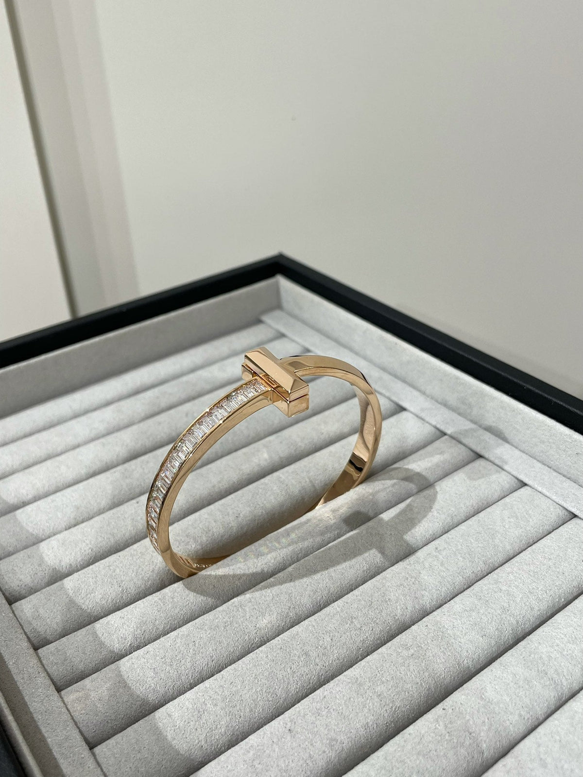Tiffany Wide Hinged Bangle Pink Gold with Baguette Cubic Zirconia